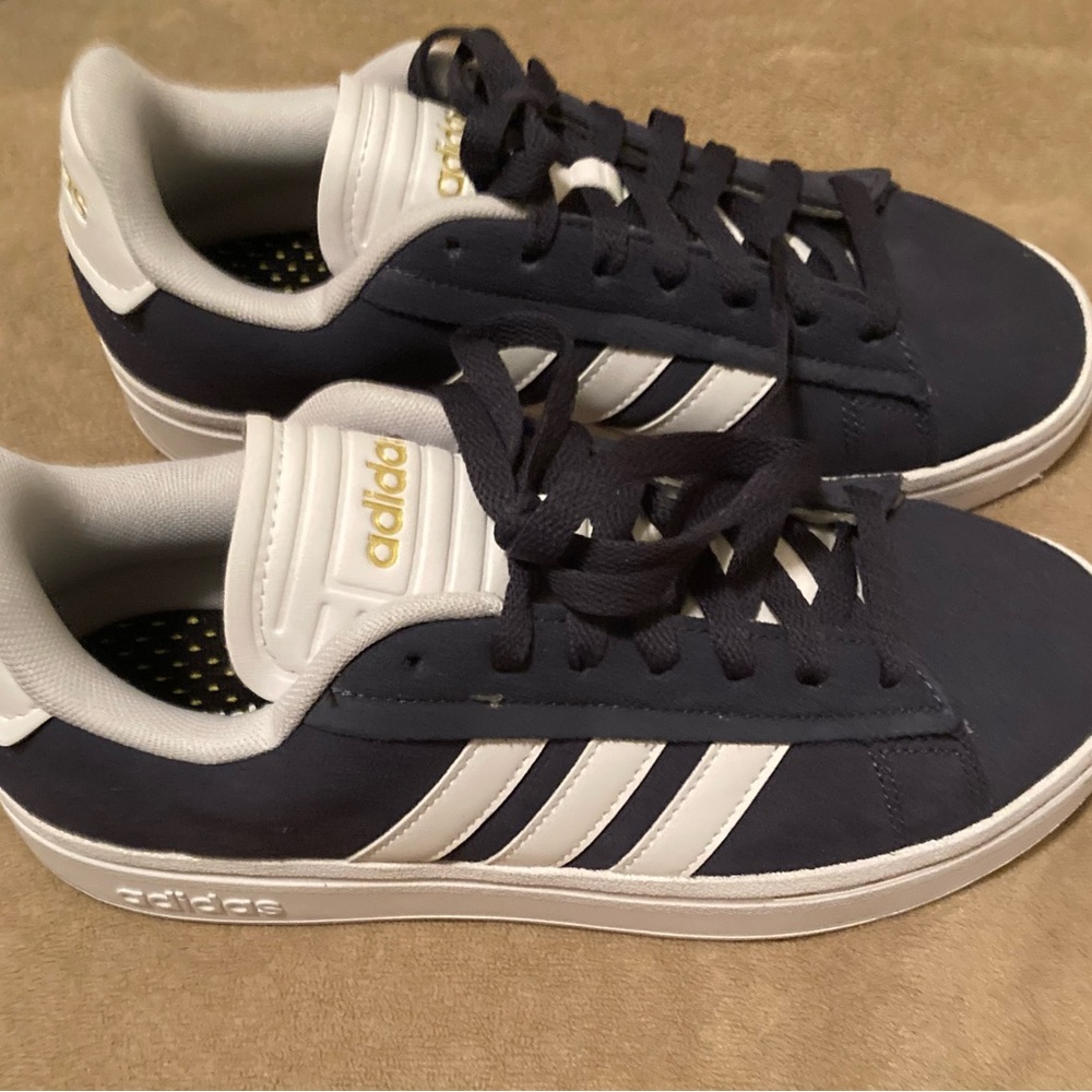 Women’s Adidas Grand Court navy and white suede sneakers